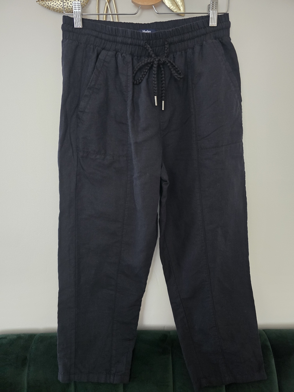 Hatley Linen Black Cropped Drawstring Ankle Pants Relaxed Size S